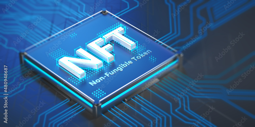 Poster nft non-fungible tokens, nft word on dark blue logic board background. 3d rendering, conceptual imag