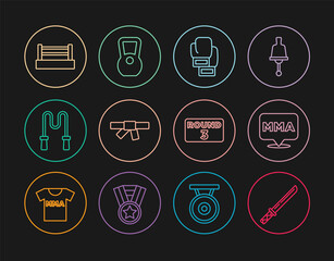 Set line Japanese katana, Fight club MMA, Boxing glove, Black karate belt, Jump rope, ring, board and Kettlebell icon. Vector