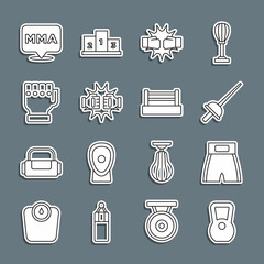 Set line Kettlebell, Boxing short, Fencing, Punch boxing gloves, MMA, Fight club and ring icon. Vector