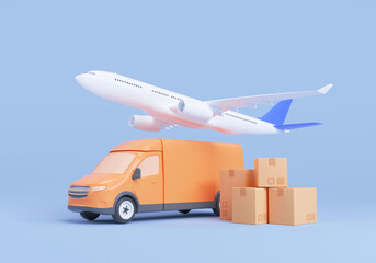 Fototapeta 3d Logistic application service concept, Global logistics network, airplane, smartphone, and packaging on blue background. 3d render illustration obraz