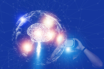 Virtual Reality with brain, virtual reality technology artificial Intelligence on blue background. brain in the futuristic world of  artificial intelligence , AI Technology, thinking concept.