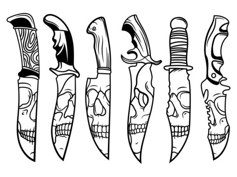 Set of skull knife. Collection of chef's knife with skeleton face. Stylized food horror tools. Vector illustration isolated on white background.
