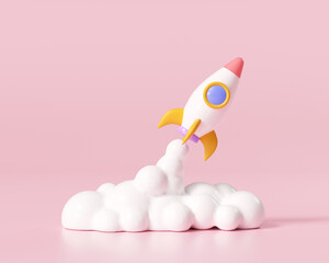 3D Rocket launch on pink background, Spaceship icon, startup business concept. 3d render illustration - obrazy, fototapety, plakaty