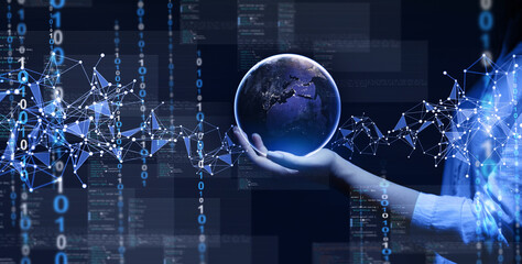 Global programming and security system.Software apps developer and IT revolution. Programming code technology.Global network technology and big data.Programming code. Elements furnished by NASA