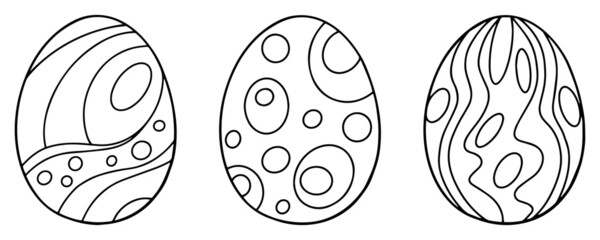 Set of 3 Easter Eggs with pattern. Computer graphics Abstract objects for your design for Stickers, holiday cards, decor, posters, coloring. Easter collection with flat design. EPS 8.