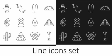 Set line Burrito, Chichen Itza in Mayan, Mexican wrestler, Nachos, man sombrero, Corn and Map of mexican icon. Vector