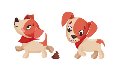 Cute puppy daily routine set cartoon vector illustration
