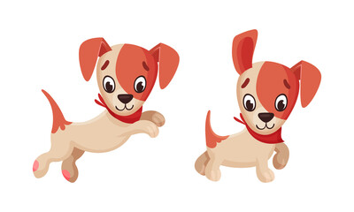 Cute puppy daily routine set. Adorable little pet animal joyfully jumping and walking cartoon vector illustration
