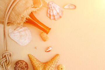Seafood on a background of sand. Background about sea, ocean or tourism. About sailors, captains,...