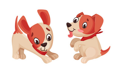 Obraz na płótnie Canvas Cute puppy daily routine set. Adorable little pet animal cartoon vector illustration