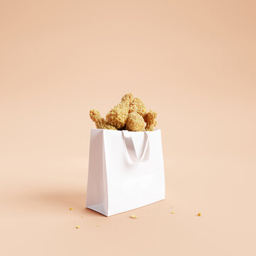 Creative concept.  Fried chicken with shopping bag. 3d rendering