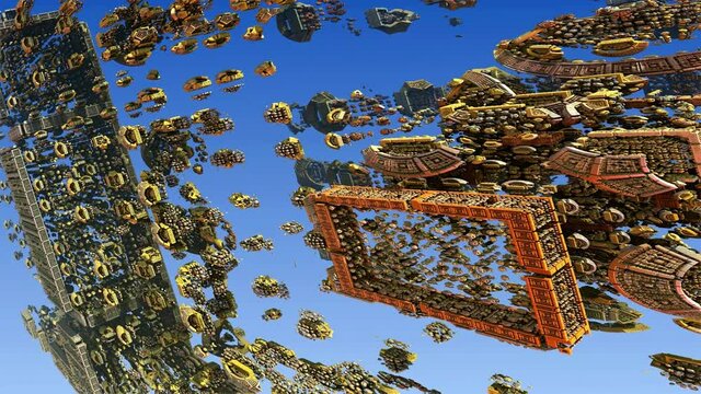 Golden fragments drifting lost as isolated ornaments through blue nothingness, computer 3D graphics, 4k
