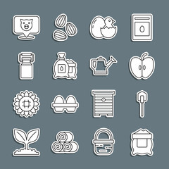 Set line Bag of flour, Shovel, Apple, Little chick in cracked egg, Pack full seeds plant, Can container for milk, Pig and Watering can icon. Vector