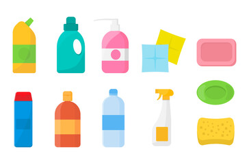 Set of detergent bottles or containers, cleaning supplies, washing powder icon. Vector illustration isolated on white background.