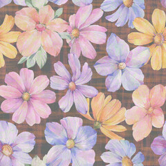 Floral abstract pattern. Seamless botanical ornament, watercolor painting digitally processed. Delicate flowers for design, packaging and wallpaper. Drawn flowers on an abstract background.