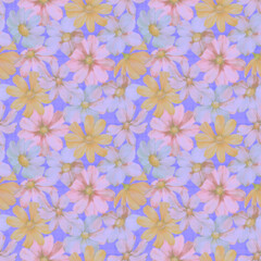 Seamless botanical ornament from watercolor flowers, digitally processed. Abstract floral pattern. Art background for design, print, wallpaper, wrapping paper.