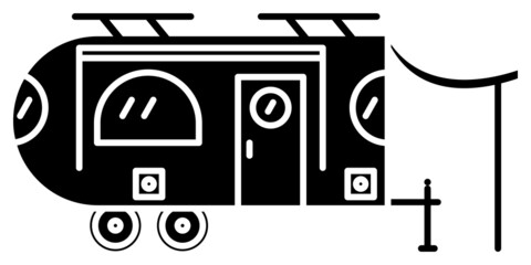 Motorhome, recreational vehicle, camping trailer, family camper. Semicircular design, awning on the side, sunroof. Vector icon, glyph, silhouette, isolated