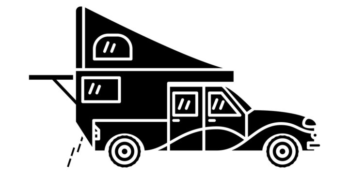 Motorhome, recreational vehicle, camping trailer, family camper. Design with a folding awning on the roof. Vector icon, glyph, silhouette, isolated
