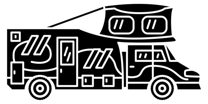 Motorhome, recreational vehicle, camping trailer, family camper. Design with a folding upper tier. Vector icon, glyph, silhouette, isolated
