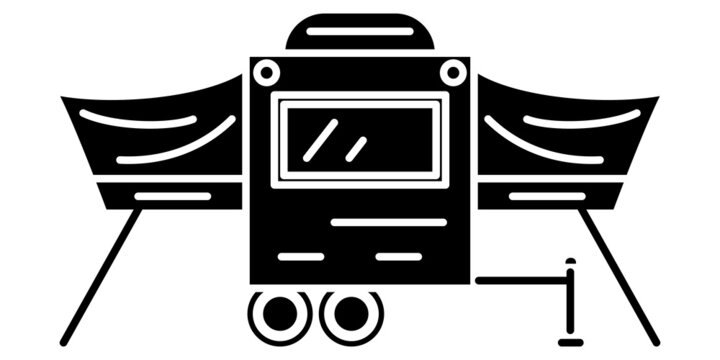 Motorhome, Recreational Vehicle, Camping Trailer, Family Camper. Design With A Folding Awning. Miniature Camper Design. Vector Icon, Glyph, Silhouette, Isolated