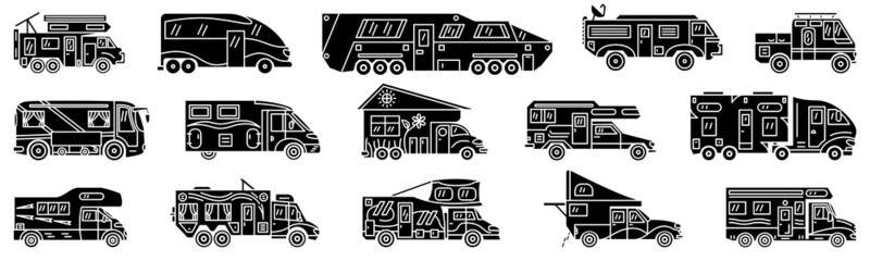 Motorhome, recreational vehicle, camping trailer, family camper. Comfortable rest outside, glamping. Set of vector icons, glyph, silhouette, isolated