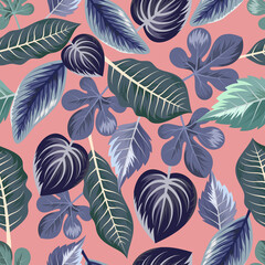 Fototapeta na wymiar Seamless pattern with tropical beautiful leaves exotic background.