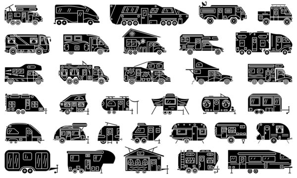 Motorhome, recreational vehicle, camping trailer, family camper. Cars, buses, trailers for recreation, travel, excursions. Set of vector icons, glyph, silhouette, isolated