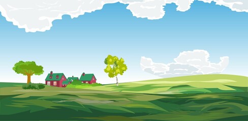 Summer countryside landscape, green hills, villages and mountains, green trees forest, clouds and sky vector