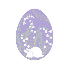Easter illustration with cute sleeping bunny, festive egg and lilies of the valley on white. Vector. Perfect as a greeting card, invitation, design element.