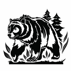 stylized black bear walks on four paws through the forest, logo, isolated object on a white background, vector illustration,