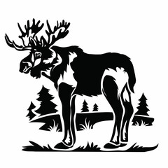 stylized elk with big horns in the forest, logo, isolated object on a white background, vector illustration,