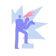 Flat modern character speaks publicly, communicates publicly with the audience via megaphone. Business Concept illustration with man taking part in business activities