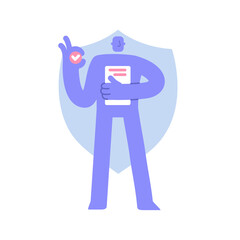 Flat modern character shows that everything is ok with protection. Data protection, information privacy. Business Concept illustration with man taking part in business activities