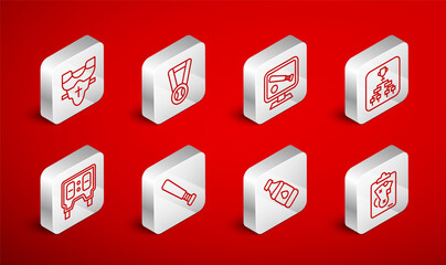 Set line Planning strategy, Medal with baseball ball, Monitor game, Championship tournament bracket, Bottle of water, Player chest protector, Baseball bat and mechanical scoreboard icon. Vector