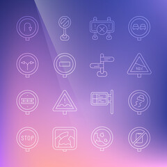 Set line No cell phone, Slippery road traffic, Steep ascent and descent, Road barrier, Stop sign, Fork in the, Turn back and icon. Vector