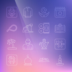 Fototapeta premium Set line Burning candle, No Smoking, Holy book of Koran, Star crescent, Oil pump pump jack, Rosary beads religion, alcohol and Traditional carpet icon. Vector