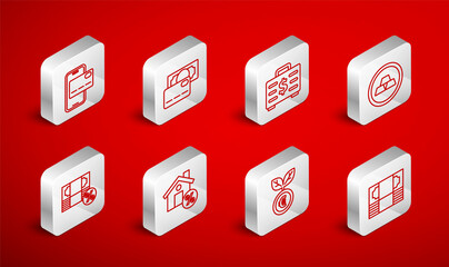 Set line Stacks paper money cash, Credit card, Briefcase and, Gold bars, Euro plant, Mobile banking, House with percant discount and Money percent icon. Vector