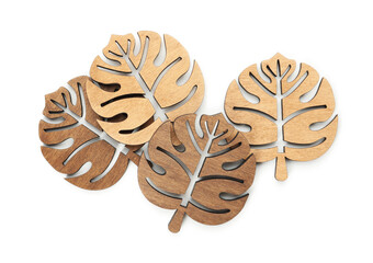 Leaf shaped wooden cup coasters on white background, top view