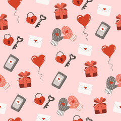 Valentine's Day seamless background. Cute symbols of love. Vector illustration for wrapping paper and scrapbooking.