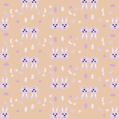 cute smilling bunny seamless pattern illustration vector on pastel color background, graphic flat design comic for child, print and wallpaper