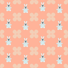 cute smiling blue easter bunny with flower on calming coral color background. seamless pattern flat design vector illustration. use to textile, print and web