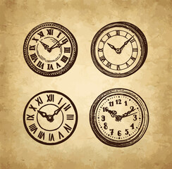 Ink sketch of clock dial faces.