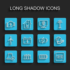 Set line Nuclear power plant, Hydroelectric dam, Check engine, Battery, Electrical outlet, Car battery, Global energy planet and icon. Vector