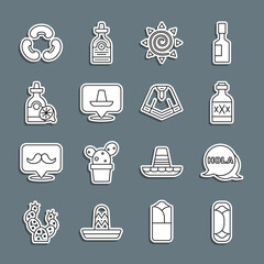 Set line Burrito, Hola, Tequila bottle, Sun, Mexican sombrero, with lemon, Beans and Poncho icon. Vector © vector_v