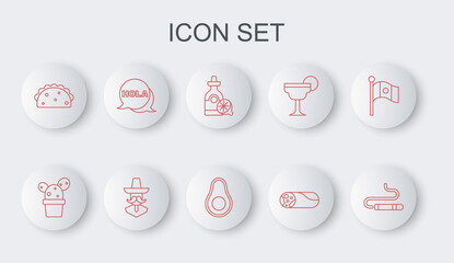 Set line Cigar, Cactus or succulent in pot, Tequila bottle with lemon, Burrito, Taco tortilla, Hola, Mexican man sombrero and Avocado fruit icon. Vector © vector_v