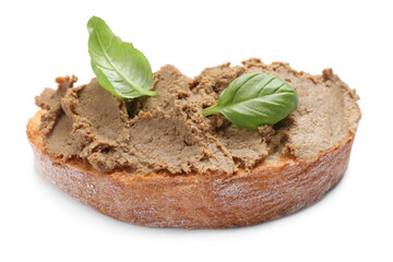 Slice of bread with delicious pate and basil isolated on white