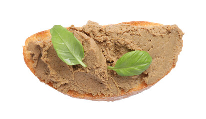 Slice of bread with delicious pate and basil isolated on white, top view