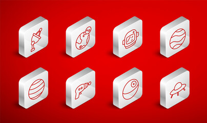 Set line UFO flying spaceship, Earth globe, Astronaut helmet, Planet, Satellite dish, Ray gun and icon. Vector