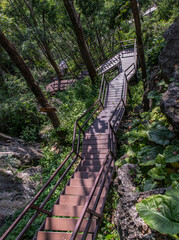 Brown wooden staircase with metal railings and surrounding green trees on mountain path. No focus, specifically.