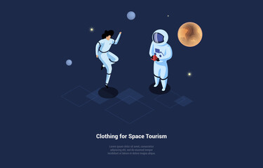 Special Protection Clothing For Space Tourism Concept Illustration. Isometric Vector Composition In Cartoon 3D Style. Two Characters In Cosmonaut Suits Standing. Infographics, Stars Around, Writing